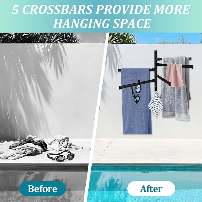 Rotating Pool Towel Rack, 5 Bars Swivel Outdoor Towel Rack with Hook Space Saving Wall Mounted Metal Towel Holder Swing Out Ideal for Pool, Hot Tub,Shower,Balcony