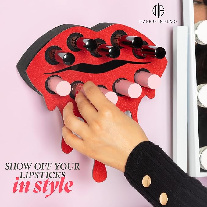 MAKEUP IN PLACE Fearless Lip Lipstick Organizer - Acrylic Lipstick Holder and Organizer for Women Patented Wall Mounted Minimalistic Design Saves Time - Holds 10 Items (Red Shimmer)
