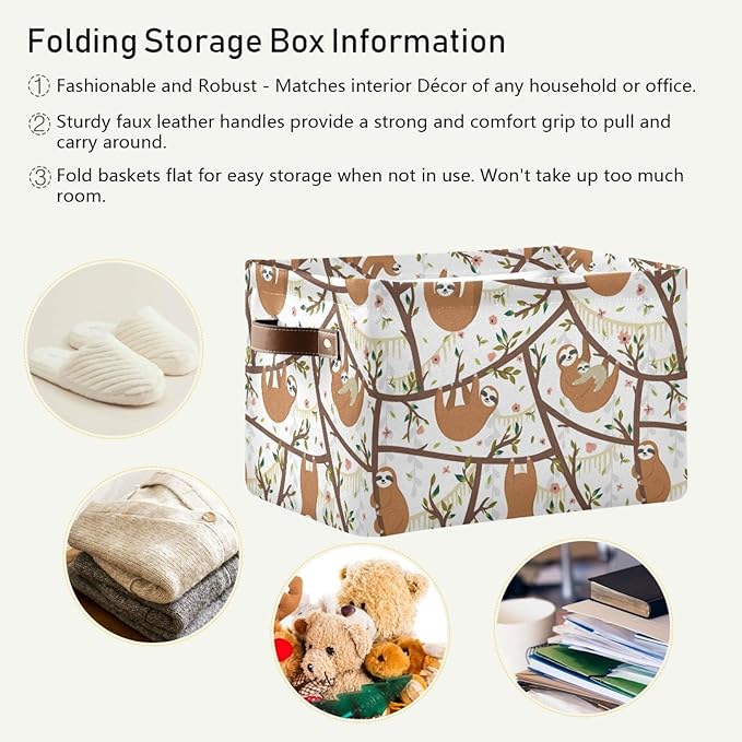 Moudou Sloth Storage Basket Square Collapsible Laundry Hamper Clothes Toys Storage Bin with Handles for Bedroom, Closet, Nursery, Dorm, Home Decor