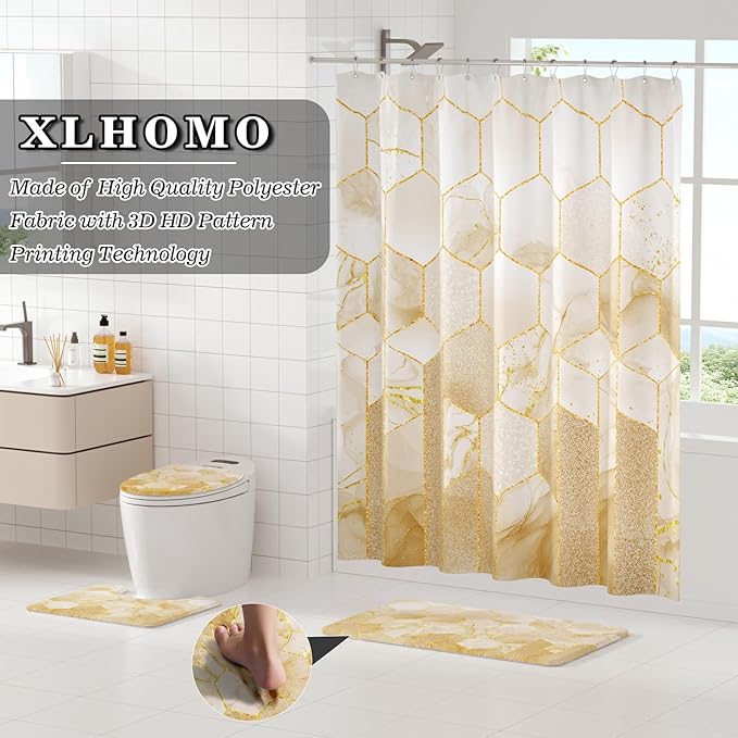XLHOMO Bathroom Sets with Shower Curtain and Rugs - 4PC Beige Geometric Shower Curtain Set with 12 Hooks, Toilet Cover, U-Shaped Mat and Rugs Modern Abstract Bathroom Accessories for Bathroom