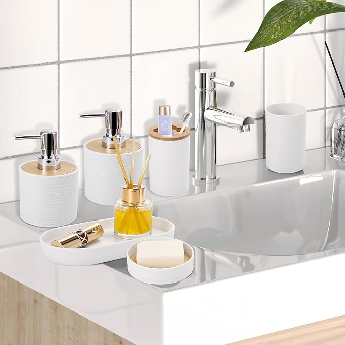 XLHOMO White Bathroom Set, White Bathroom Accessories Set with Trash Can, 2PCS Soap Dispensers, Soap Dish, Toothbrush Holder, Toothbrush Cup,Toilet Brush, Tray and Qtip Holders for Bathroom Decor