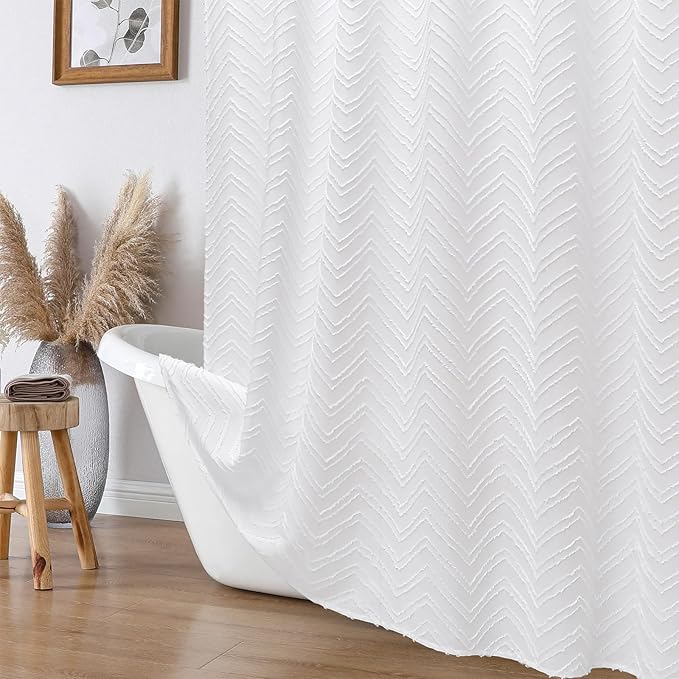 OVZME White Boho Fabric Shower Curtain 72 Inch Length, Tufted Chevron Striped Minimalist Premium Thick Cloth Bathroom Shower Curtain, Modern Hotel Textured Bathroom Decor, 72Wx72L Inches