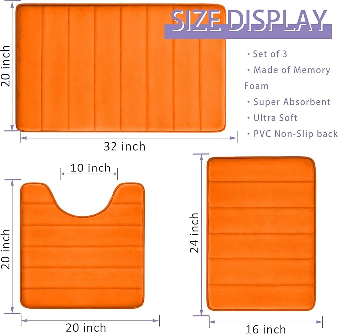 Orange Bathroom Rugs Extra Soft Memory Foam Bath Mat Sets 3 Piece Non Slip Absorbent & Dry Living Mat Sets Washable Bath Carpets with Toilet Rug,Bath Rugs for Bathroom,Tub,Shower,Kitchen,Bedroom