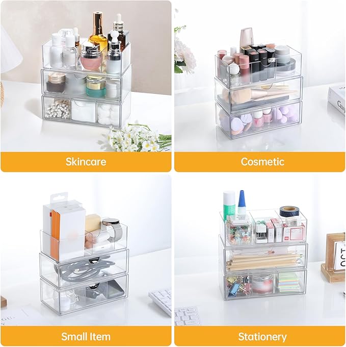 PAVSTINE Medicine Cabinet Organizer 3 Pack, Plastic Stackable Storage with 2 Drawers, Bathroom Mirror Cabinet Organizer with Removable Dividers for Wall Cabinet, Vanity, Countertop, Clear