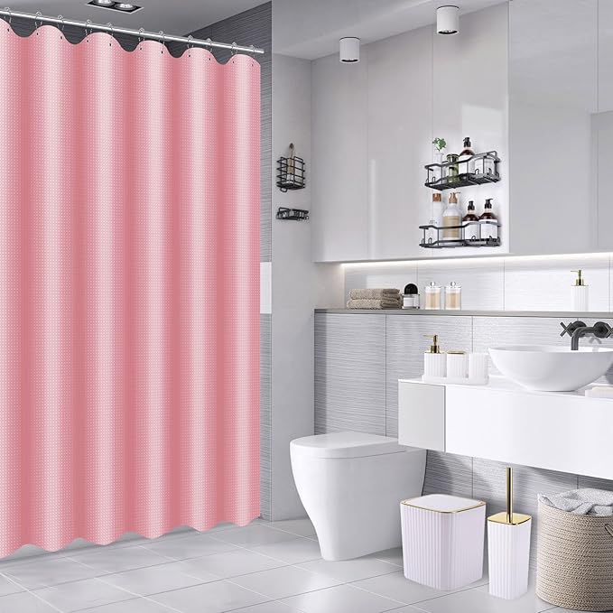 XLHOMO Bathroom Accessories Set - Gorgeous Bathroom Set, 28PC White Bathroom Accessory Set, Shower Curtain with 5PC Adhesive Corner Shower Caddy Hanging, Toilet Brush, Trash Can & Soap Dispenser