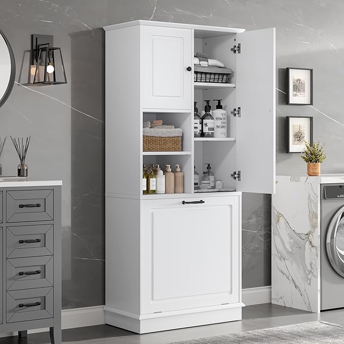 Virubi Tall Laundry Cabinet with Tilt Out Hamper, Wood Tall Laundry Room Cabinets with Doors, and Adjustable Shelves, for Bathroom Storage Organization, Freestanding, White
