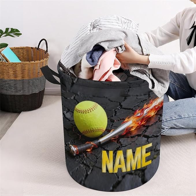 Personalized Softball Laundry Hamper Custom Name Funny Dirty Clothes Laundry Basket Portable Storage Basket For Home Bathroom Family Softball Lovers Xmas Birthday (style 4)