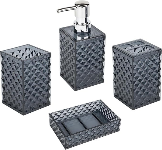 Bathroom Accessories Set, 4 PCS Grey Bathroom Accessory Sets Complete, Diamond Pattern Soap Dispenser and Toothbrush Holder Set,Boho Bathroom Decor, Dark Grey Bathroom Sets Accessories