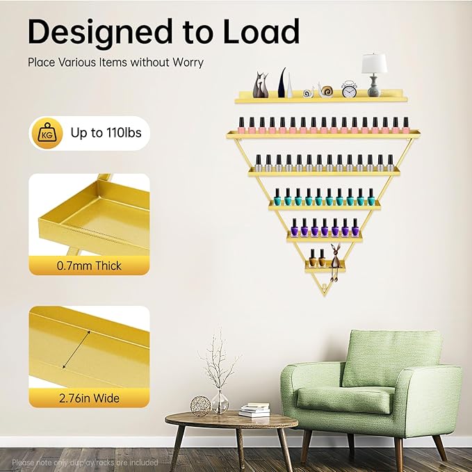 Wall-Mounted Nail Polish Rack, Set of 6 Triangular Gold Nail Polish Shelf Lipstick Perfume Cosmetic Display Shelf for Home Spa Nail Salon Shop
