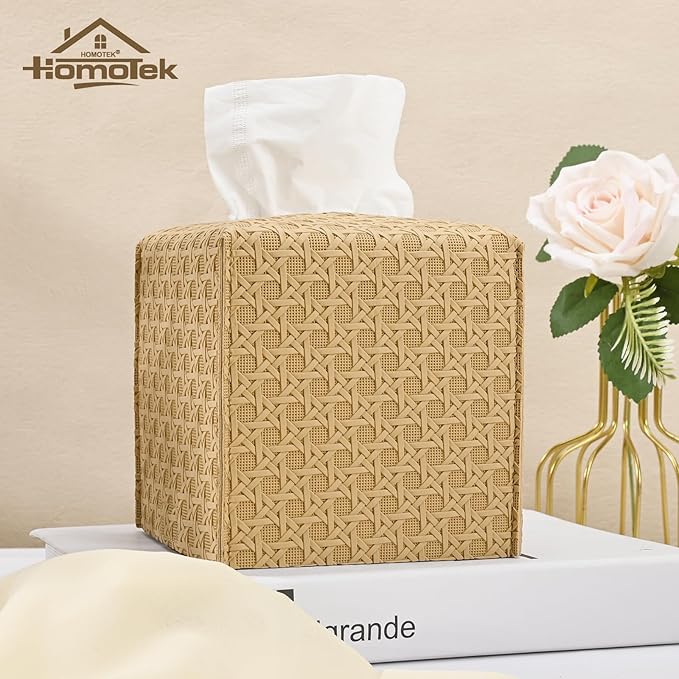 HOMOTEK 2 Pack Tissue Box Cover, Square PU Leather Tissue Holder, Decorative Facial Tissue Cube Paper Organizer Dispenser for Bathroom, Night Stands, Desk, Car 5X5X5'' - Rattan Weave,Camel