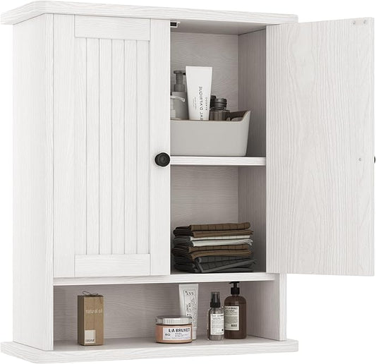 Homeiju Wooden Farmhouse Style Rustic Medicine Cabinet with Two Barn Doors, Wooden Wall Mounted Storage Cabinet with Open and Hidden Storage Space, for Bathroom, Living Room, Kitchen, White
