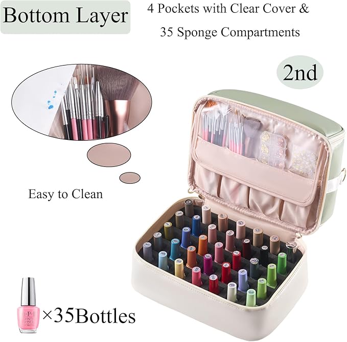 Nail Polish Organizer Holds 35 Bottles & Nail Lamp, Nail Organizers and Storage, Double Layer Nail Bag with Handle & Shoulder Strap for Travel, Nail Supplies Organizer for Manicure Kit (Green+Beige)