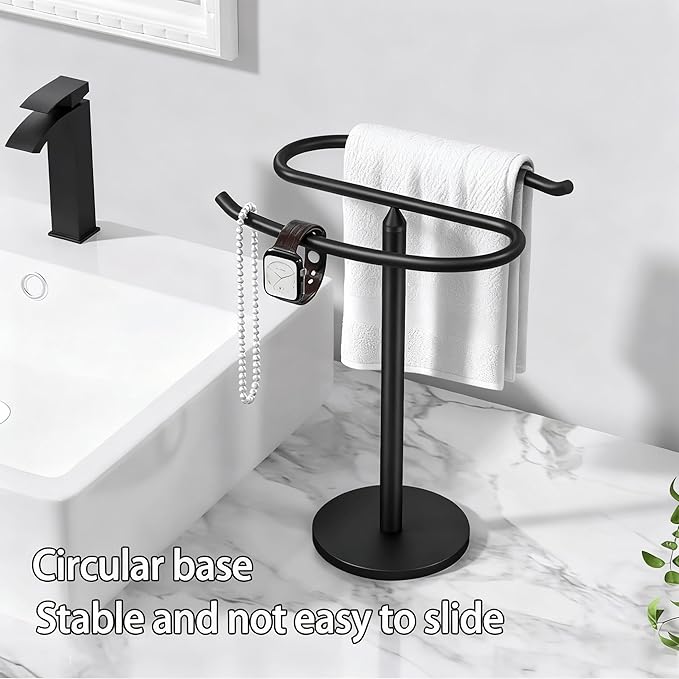 13-inch Black Stainless Steel Freestanding Towel Rack Pole with Dual-Bracket Towel Ring and Hand Towel Holder Bathroom Sink, Kitchen Counter Towel Hardware