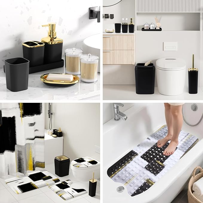 XLHOMO Bathroom Accessories Set - 26PCS Black Bathroom Set, Bathroom Accessory Set with Shower Curtain and Rugs and Bathtub Mats for Home