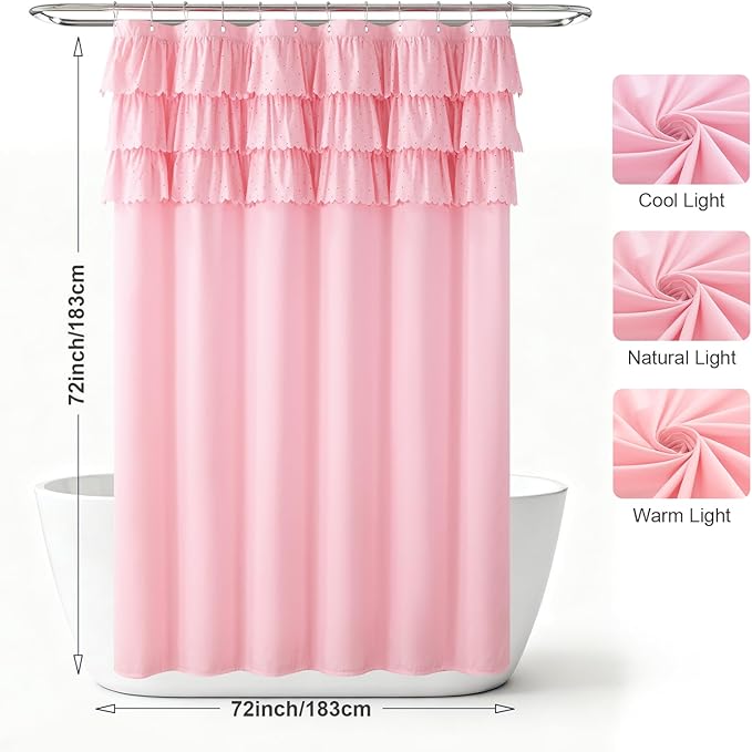 Pink Ruffle Shower Curtain with Small Holes, Girls Women Fabric Shower Curtain with Delicate Handcrafted Ruffles, Waterproof Ruched Farmhouse Decorative Bathroom Curtain, 72" W x 72" H