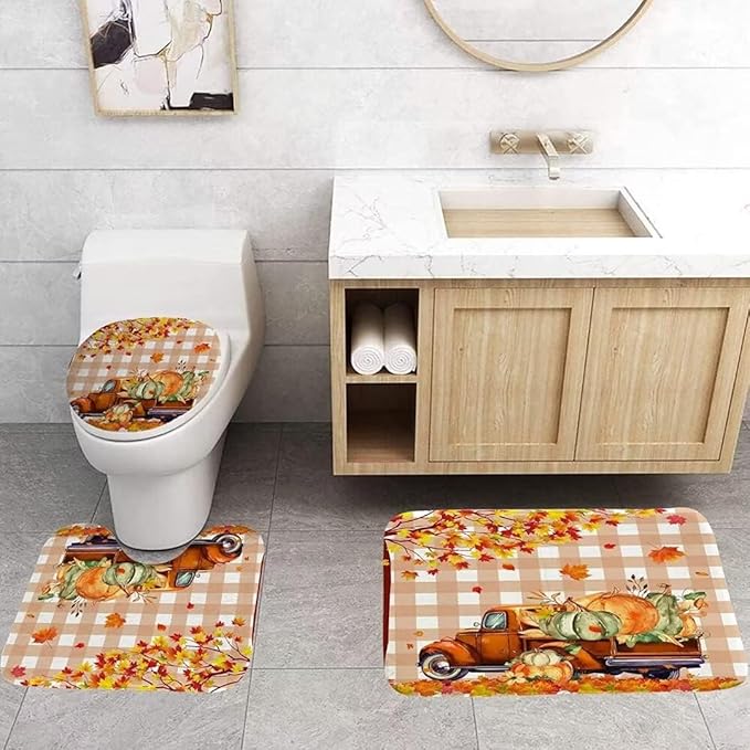 NBVKO 4PCS Fall Thanksgiving Day Shower Curtain，Autumn Pumpkin Truck Bathroom Shower Curtain Set with Non-Slip Rug Toilet Lid Cover Bath Mat 12 Hooks，Orange Maple Leaf Bathroom Decor Accessory Set