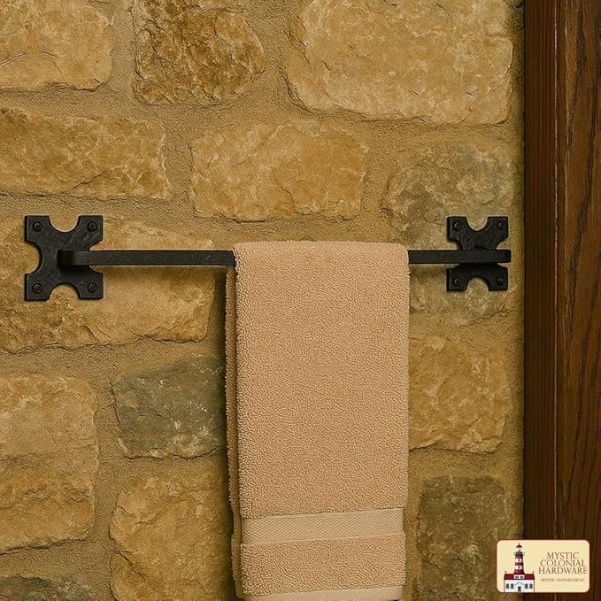 Mystic Colonial Cast Iron Towel Bar Rustic Wall Mounted Metal Rack for Bathroom, Kitchen, or Entryway � Black Heavy-Duty Towel Holder (15"", Rustic Wall Mounted)