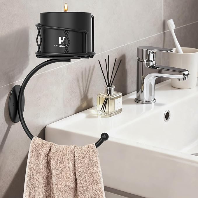 Fashion Matte Black Towel Hook with Candle Holder, Metal Sturdy Wall-Mounted Hand Towel Holder for Bathroom, Holder for Glasses, Candles and Plants, Coat Rack for Bedroom and Bathroom Decor