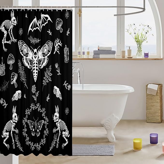 Moth Skull Shower Curtain for Bathtub Boho Personalized Animal Skeleton Btahroom Shower Curtains Halloween Gothic Bones Bath Curtain Mushrooom Rabbit Bathroom Decor Fabric Shower Curtain Set 72"x84"