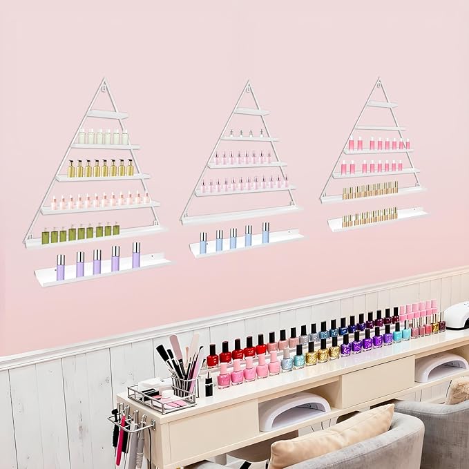 3 Pack Nail Polish Organizer Shelf Wall Mounted 5 Tiers Nail Polish Display Rack Shelves for Salon, Beauty Shop & Home Organization (White)