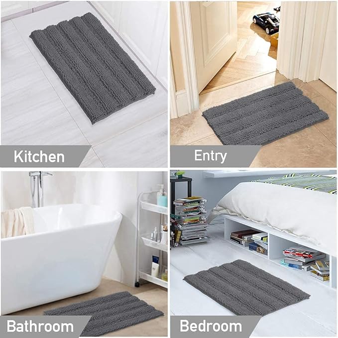 Turquoize Chenille Bath Rugs Shaggy Bathroom Rugs Non Slip Bath Mat for Bathroom 24 x 36 Grey Bath Rug for Bath Room Extra Soft and Absorbent Area Rug, 24"x 36", Grey