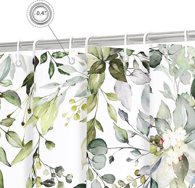 Gibelle Sage Green Eucalyptus Shower Curtain, Watercolor Plant Leaves with Floral Bathroom Decor Waterproof Fabric Shower Curtain Set 72x72 Inch White
