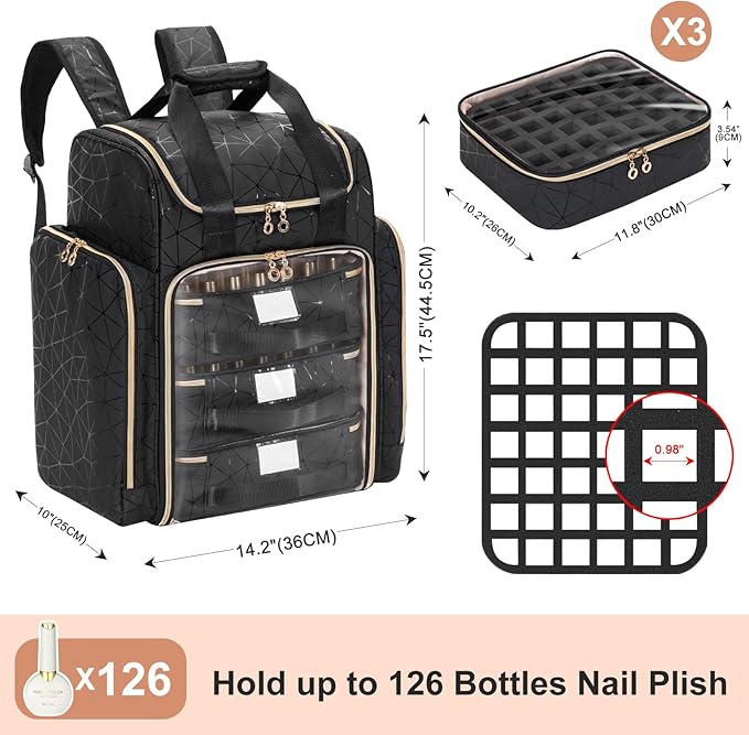 Uross Extra Large Nail Polish Organizer Bag Holds 126 Bottles Nail Polish, Lamp, Supplies- Three Layer Nail Organizers and Storage Case for Nail Tech, Nail Stuff Gel Kit Box Gift for Manicurist,Black