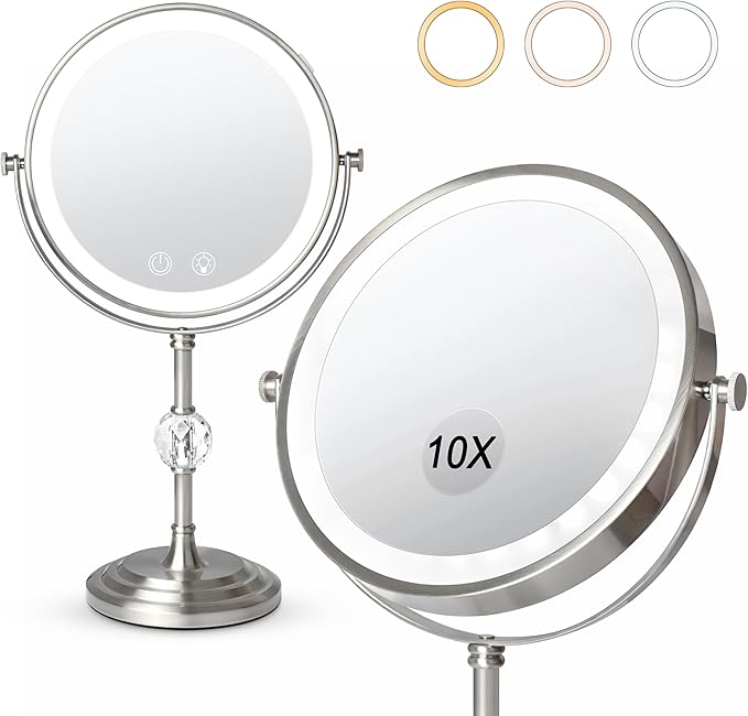 Lighted Makeup Mirror,4000mAh Rechargeable Double Sided Magnifying Mirror 1x/10x with 3 ColorsStepless Dimming, 360° Rotation Vanity Mirror with Lights, Memory Function,Nickel