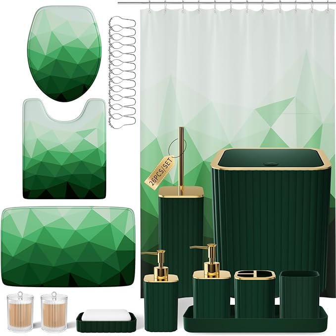 XLHOMO Bathroom Accessory Set - 26PC Bathroom Shower Curtain and Rug Set, Bathroom Accessories Set, Green Bathroom Set with Trash Can, Toilet Brush, Qtip Holder & Soap Dispenser