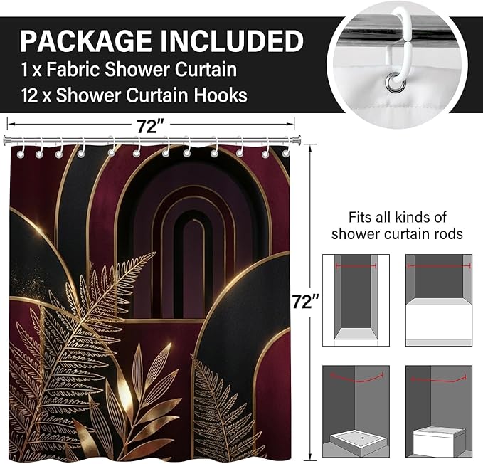 Gold and Burgundy Mid Century Shower Curtains,Dark Red Abstract Boho Shower Curtains,Funny Waterproof Polyester Modern Minimalist Art Hotel Bathroom Decor,72x72 Inches