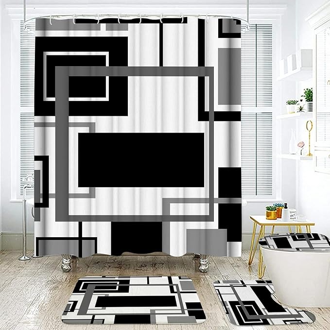 Onalasyc 4Pcs Black Geometric Shower Curtain with Rugs Set Waterproof Black Bathroom Sets with Shower Curtain and Rugs Abstract Geometric Modern Bathroom Curtains Shower Set with 12 pcs Hooks