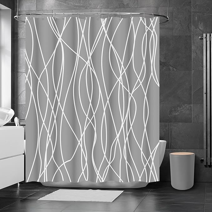 Britimes Bathroom Accessories Set, 19PC Grey Shower Curtain Set with Trash Can, Soap Dispenser, Toilet Brush Holder, Toothbrush Holder and Toothbrush Cup for Bathroom Decor