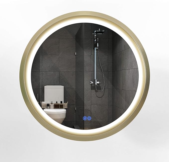 28 Inch Round LED Mirror for Bathroom, Gold Metal Frame Lighted Vanity Mirror with 3 Color Modes, Touch Dimmer - Anti-Fog Wall Mounted Circle Mirror with Lights - Fab Glass and Mirror