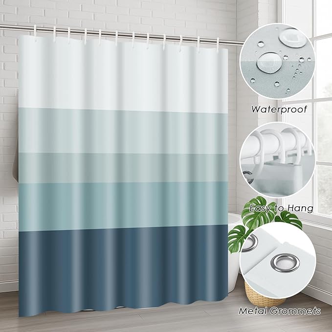 Striped Blue Shower Curtain Set with Toilet Lid Cover and Non-Slip Rugs for Bathroom, Minimalist Neutral Ombre 4 Pcs Shower Curtain, Modern Bathroom Set with 12 Hooks