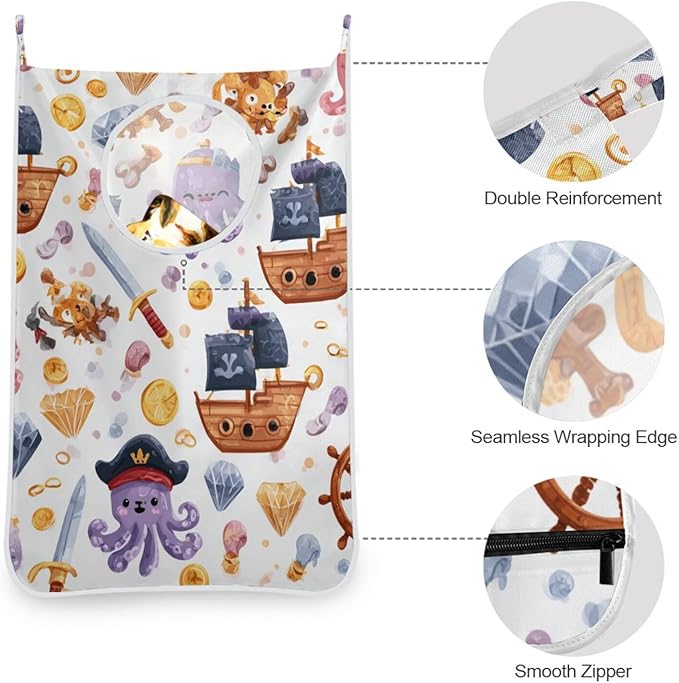 Cute Pirate Octopuses Sailboats Diamonds Hanging Laundry Hamper Door Hampers Bag Basket with Stainless Steel Hooks Oxford Fabric Printing Decorative Clothes Bags 29.5X20inch 1Pack