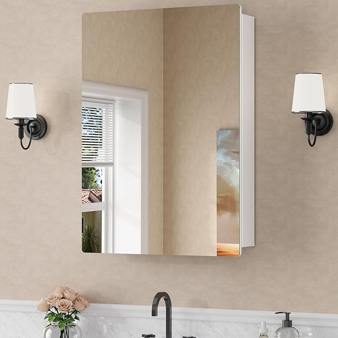 20x28 Inch Medicine Cabinet with Mirror, Recessed or Surface Mounted Bathroom Cabinets for Storage, 2 Fully Adjustable Tempered Glass Shelves, Soft-close DTC Hinges, HD Reflection Mirror Door, White
