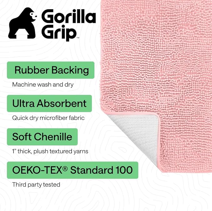 GORILLA GRIP Bath Rug Mat 44x26, Soft Absorbent Chenille, Quick Dry Microfiber Mats, Rubber Backing Washable Shower Floor Rugs, Bathmat Runner, US Designed Bathroom Home Decor Accessories Light Pink