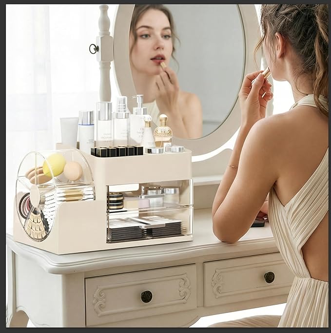 Makeup Organizer with Large Capacity,Stain-ResistantRotating Clear Compartment and 2 Drawers for Cosmetics and Skincare Storage – Vanity Countertop Organizer for Bathroom and Bedroom (All Cream)