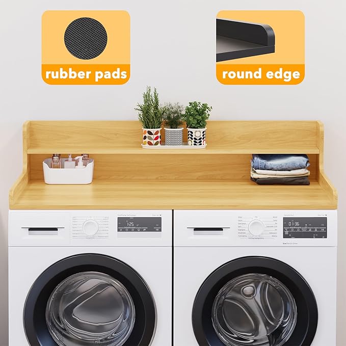SpaceAid Washer Dryer Countertop with 2-Tier Shelf, Wood Topper with Edge, 54" Width x 27.5" Depth Cover Organizer Guard for Washer and Dryer Counter Laundry Hamper Storage (Maple Wood)