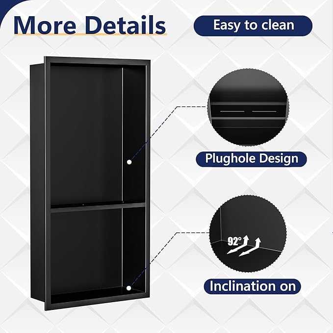 Neodrain Shower Niche Insert Tile-Ready Recessed Wall Niche for Shower Organizer - Stainless Steel No Tile Needed Built-in Bathroom Shelf, 2-Tier12x24 Inch Easy Install, Matte Black