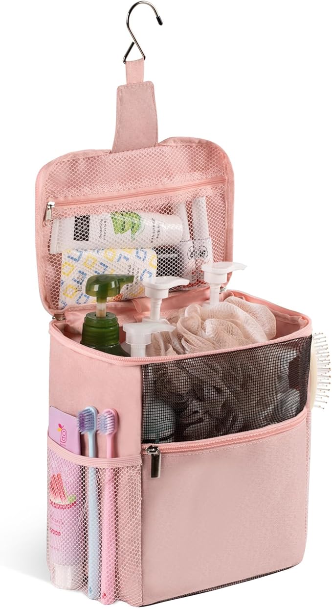 Mesh Shower Caddy Hanging Portable, Bathroom Caddy Organizer for College Dorm Essentials, Shower Tote Bag with Built-in Hook for Beach, Swimming, Gym camping (Pink)