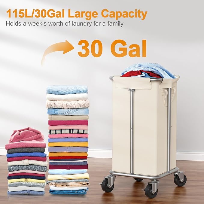 Hodonas Laundry Basket with Wheels, 115L Rolling Laundry Hamper Large Dirty Clothes Hamper Cart with Steel Frame and Removable Bag, Bedroom Bathroom Dorm Room Laundry Room Organization Hampers, Beige