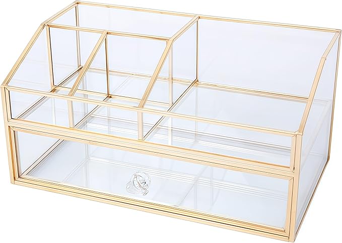 JIARI Glass Makeup Organizer with Drawer, Gold Brass Frame Jewelry Display Box, Nordic Style Cosmetic Storage for Vanity Bathroom Bedroom Office, 9.44x5.43x4.92 Inches (Storage Box-2 Tier)