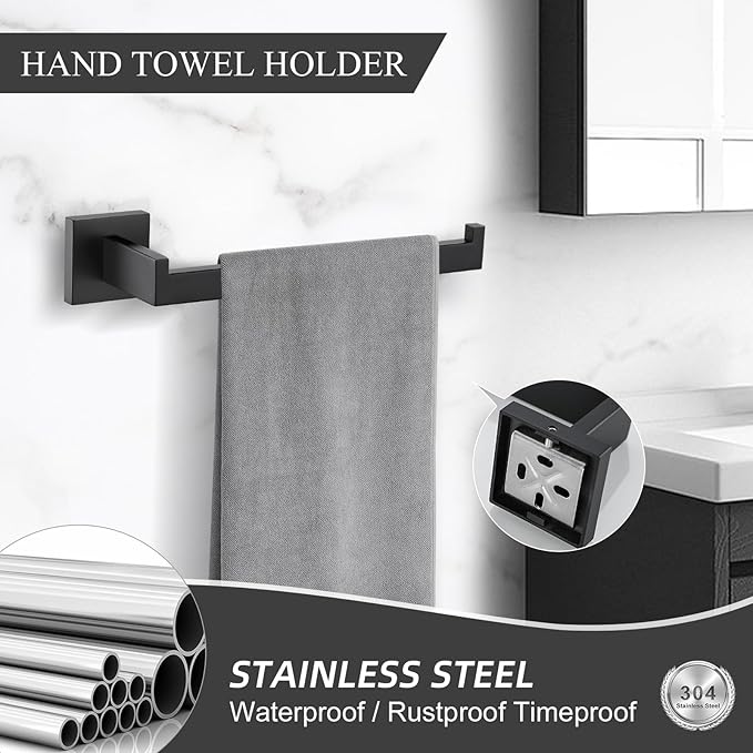 TURS 4-Piece Bathroom Hardware Set Black Towel Bar Set Stainless Steel Towel Bar Hand Towel Holder Toilet Paper Holder Towel Hooks Wall Mount