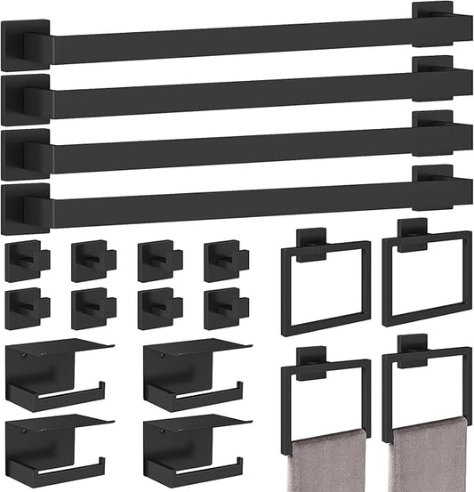 STWWO 20-Pieces Matte Black Bathroom Hardware Set, 24 Inch Bath Towel Bar Set, Stainless Steel Towel Racks for Bathroom Wall Mounted