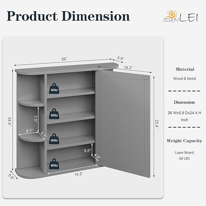 DL-win Bathroom Medicine Cabinet with Mirror, Wall Mounted Home Storage with Door, Over The Toilet Space Saver Storage Cabinet, Bathroom Cabinet Wall Mounted, Grey