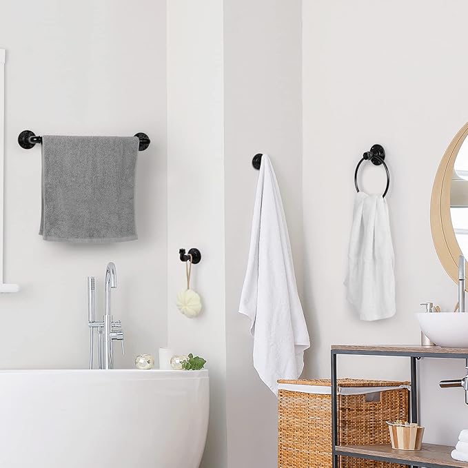 Industrial Bathroom Hardware Set 10 Pieces Bath Towel Bar Set Includes Round Towel Ring Hand Toilet Roll Holders for Wall 18 and 25 inch Towel Rack Robe Towel Hooks Black Bathroom Accessory Towel Kit