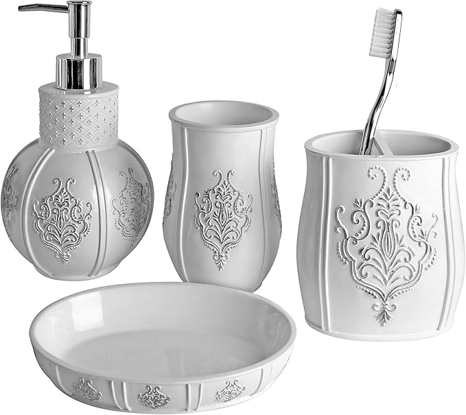Creative Scents Vintage White Bathroom Accessories Set - 4 Piece Bathroom Set - Farmhouse French Country Bathroom Accessory Set Features: Soap Dispenser, Toothbrush Holder, Tumbler & Soap Dish