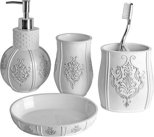 Creative Scents Vintage White Bathroom Accessories Set - 4 Piece Bathroom Set - Farmhouse French Country Bathroom Accessory Set Features: Soap Dispenser, Toothbrush Holder, Tumbler & Soap Dish