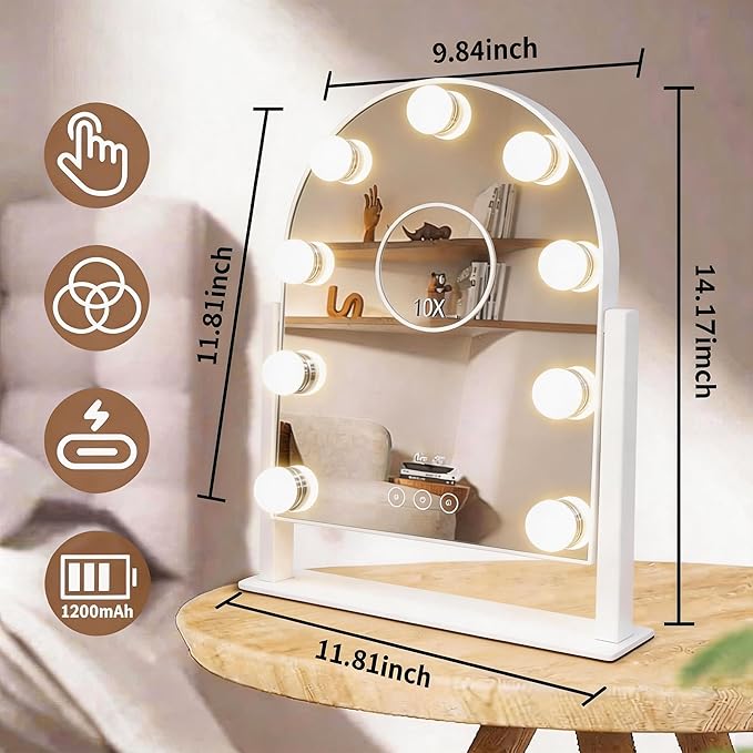 Arched Makeup Vanity Mirror with Lights LED Makeup Mirror Detachable 10X Magnification, Hollywood Make Up Mirror with Lighting, Smart Touch, Rechargeable,360° Rotation,White 14.17"x 11.81"